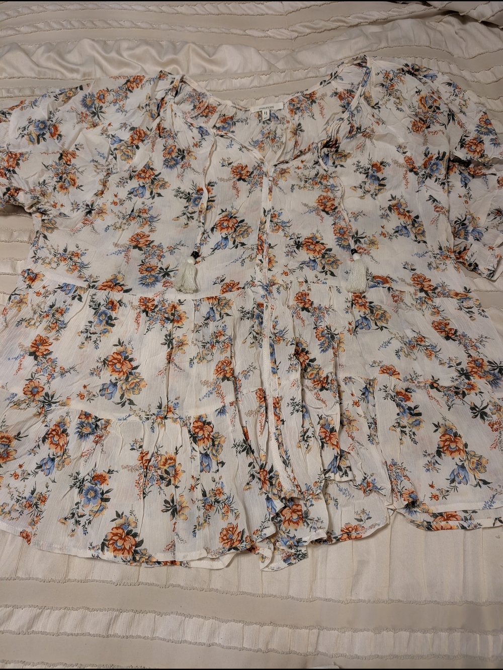 Maurices White Floral Tie-Front Peasant Blouse